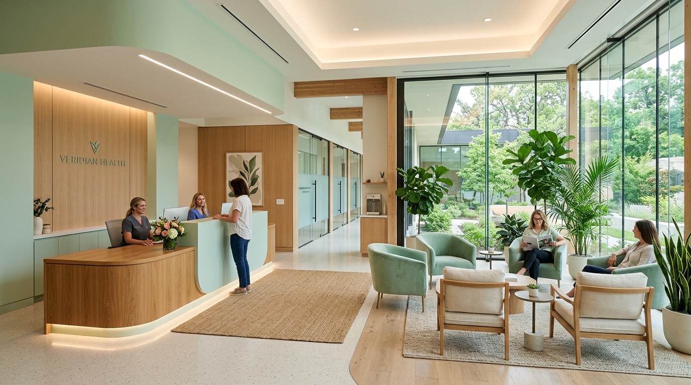 MediCare Modern Clinical Facility and Serene Reception Lounge